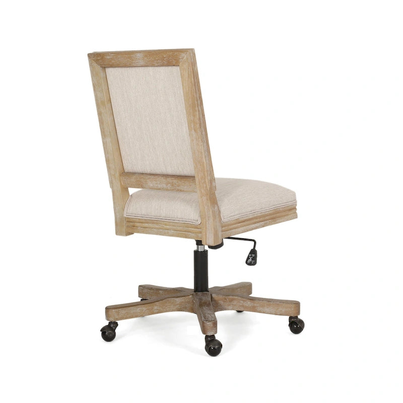Chaise de bureau pivotante à roulettes, tissu beige, bois clair vieilli