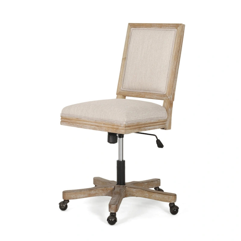 Chaise de bureau pivotante à roulettes, tissu beige, bois clair vieilli
