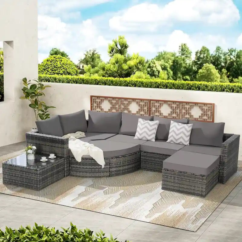 Ensemble de canapé d'angle d'extérieur 8 pièces, salon de jardin en osier avec ottoman incurvé et table basse