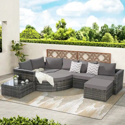 8 Pcs Outdoor Sectional L- Shaped Sofa Set, Patio Wicker Conversation Set Furniture with Curved Sofa Ottoman and Coffee Table
