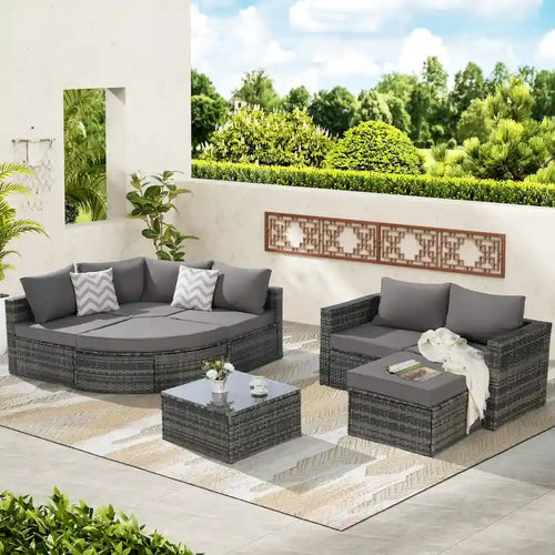 Ensemble de canapé d'angle d'extérieur 8 pièces, salon de jardin en osier avec ottoman incurvé et table basse