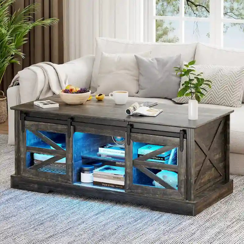 Table basse à LED avec plateau relevable et porte coulissante style grange