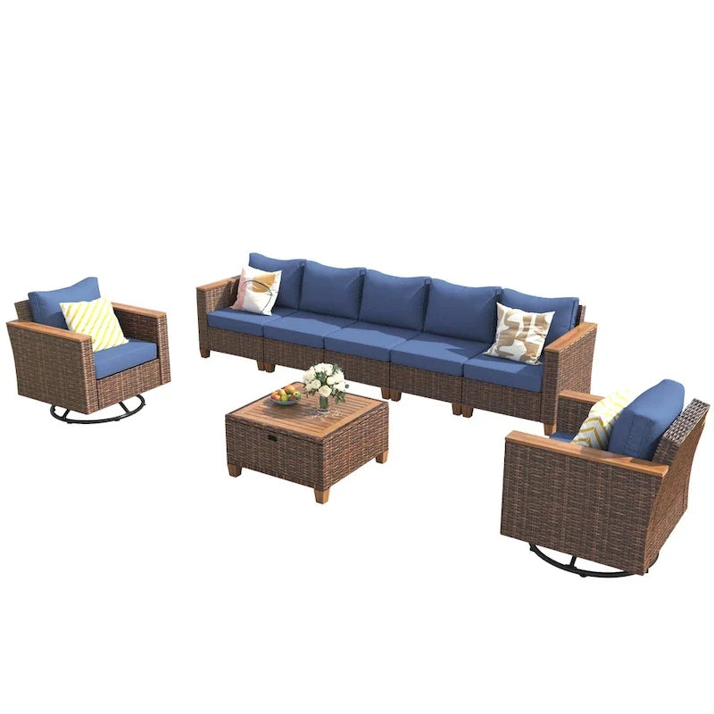 8-Piece Patio Furniture Set with Storage Table and Rattan Swivel Rocking Chairs, Outdoor Wicker Conversation Set for Backyard