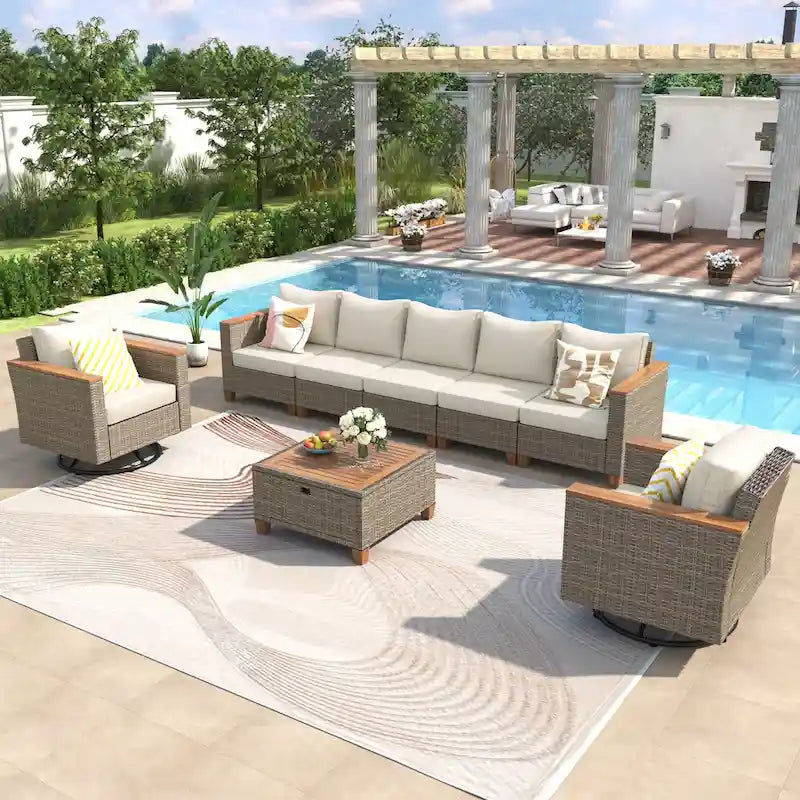 8-Piece Patio Furniture Set with Storage Table and Rattan Swivel Rocking Chairs, Outdoor Wicker Conversation Set for Backyard