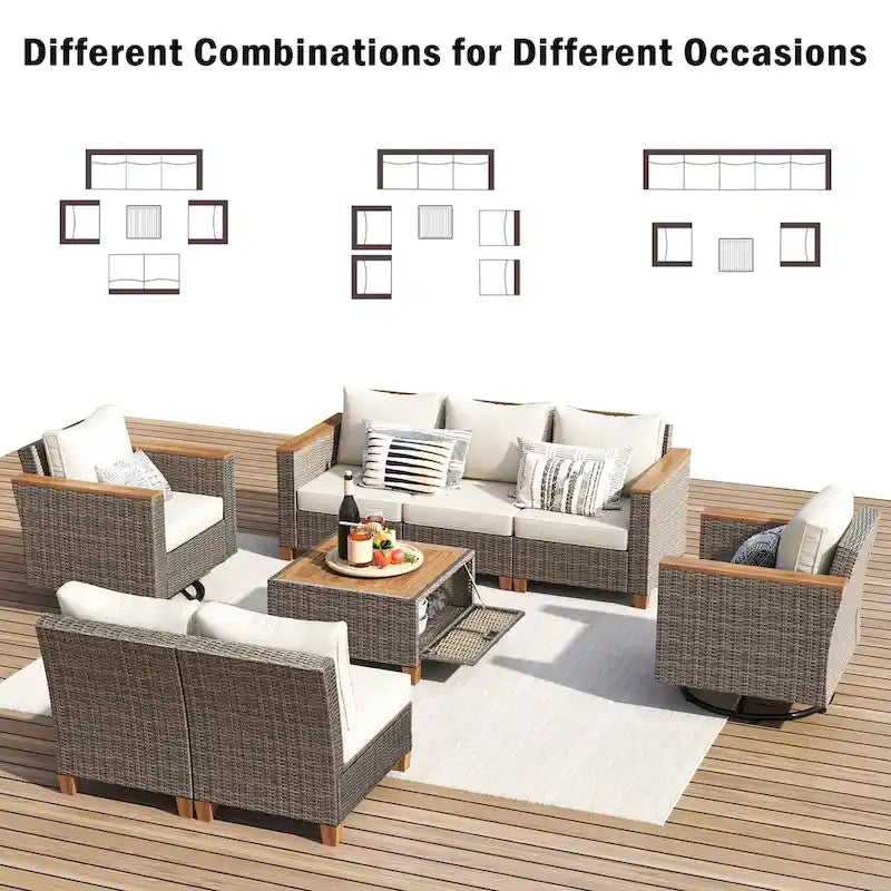 8-Piece Patio Furniture Set with Storage Table and Rattan Swivel Rocking Chairs, Outdoor Wicker Conversation Set for Backyard