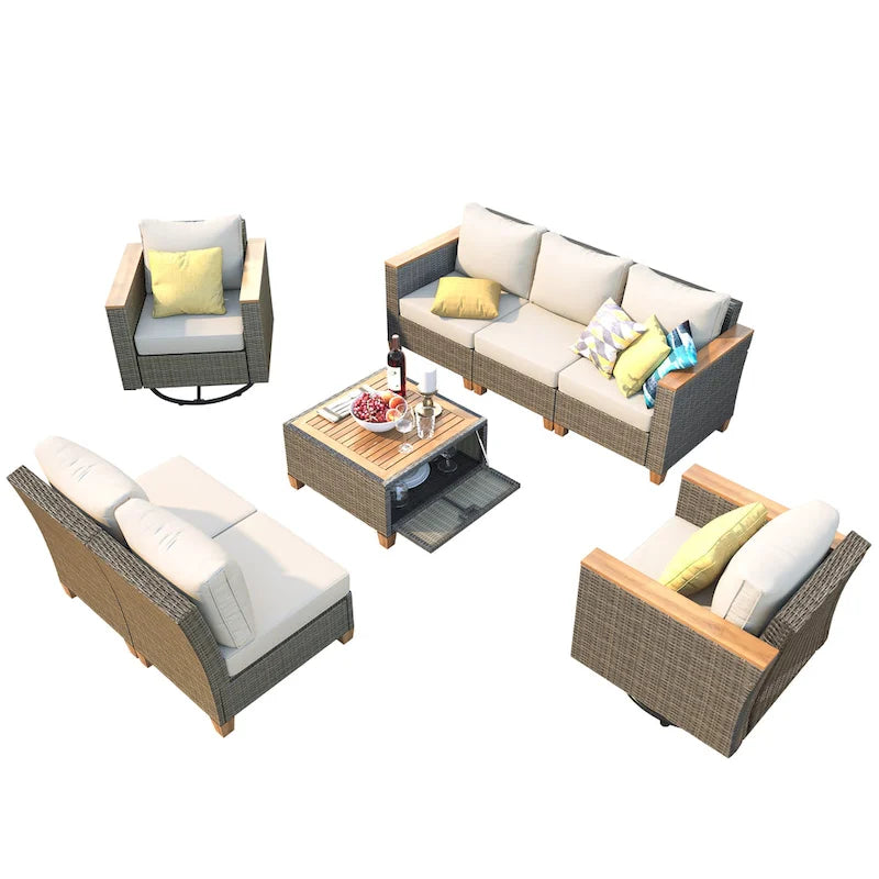 8-Piece Patio Furniture Set with Storage Table and Rattan Swivel Rocking Chairs, Outdoor Wicker Conversation Set for Backyard
