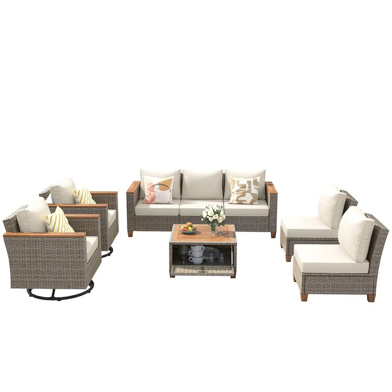 8-Piece Patio Furniture Set with Storage Table and Rattan Swivel Rocking Chairs, Outdoor Wicker Conversation Set for Backyard