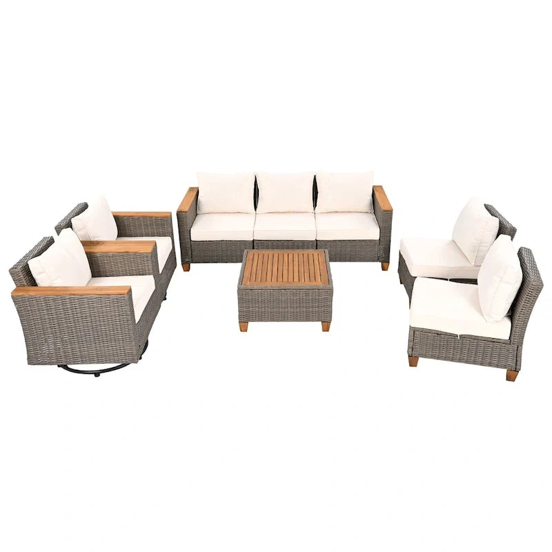 8-Piece Patio Furniture Set with Storage Table and Rattan Swivel Rocking Chairs, Outdoor Wicker Conversation Set for Backyard