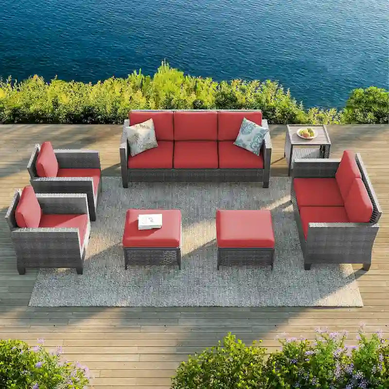 Bonosuki Ensemble de 7 meubles en rotin PE avec table d'appoint, fauteuil de terrasse avec coussin lavable, poufs pour balcon, porche, jardin