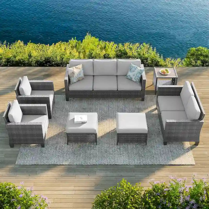 Bonosuki Ensemble de 7 meubles en rotin PE avec table d'appoint, fauteuil de terrasse avec coussin lavable, poufs pour balcon, porche, jardin