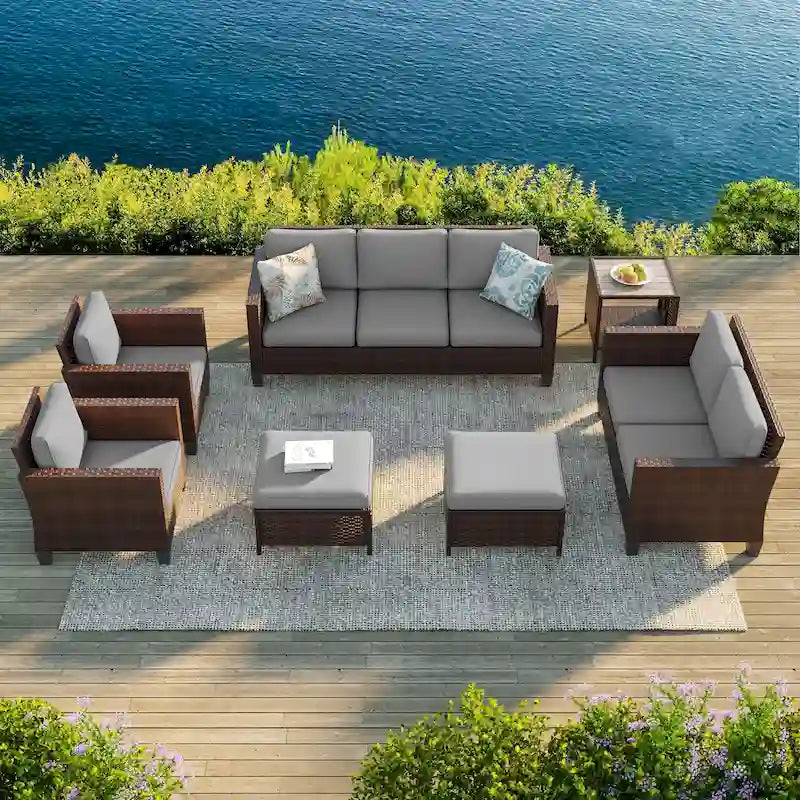 Bonosuki Ensemble de 7 meubles en rotin PE avec table d'appoint, fauteuil de terrasse avec coussin lavable, poufs pour balcon, porche, jardin