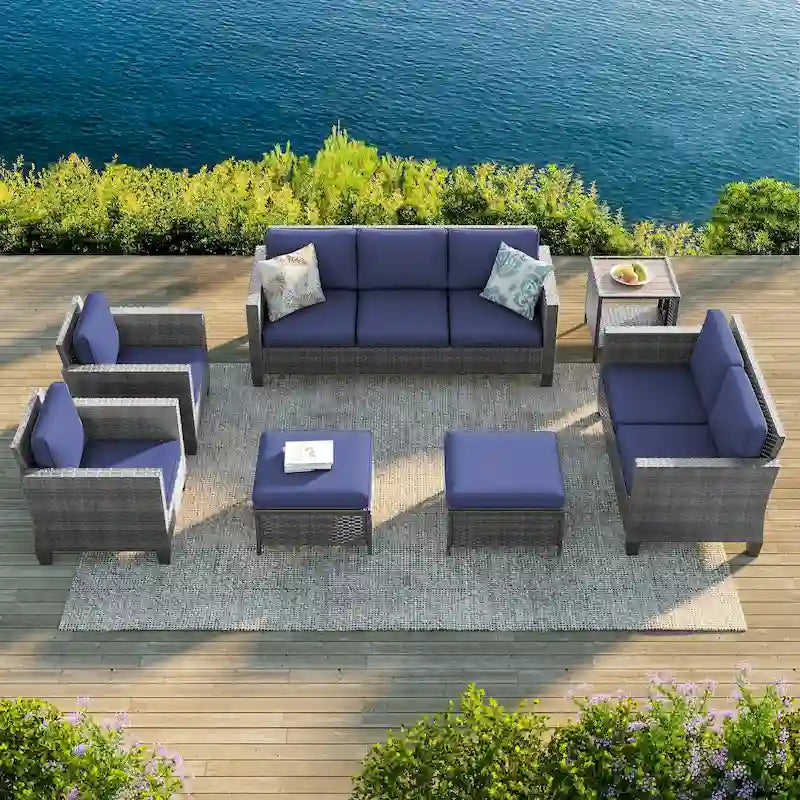 Bonosuki Ensemble de 7 meubles en rotin PE avec table d'appoint, fauteuil de terrasse avec coussin lavable, poufs pour balcon, porche, jardin
