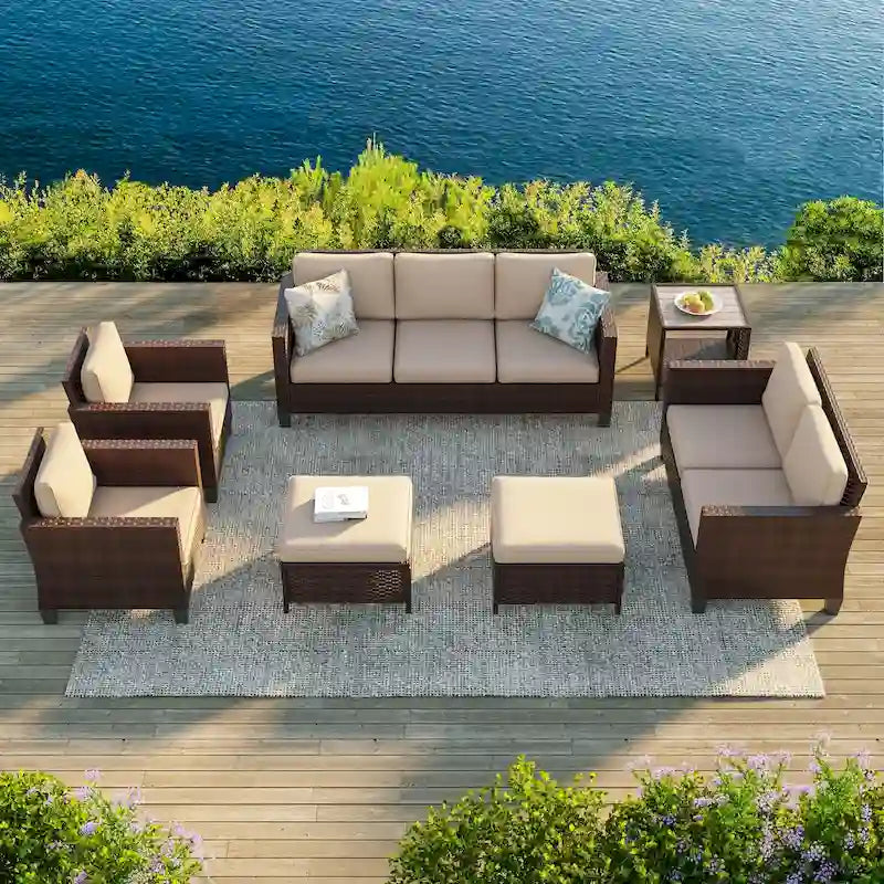 Bonosuki Ensemble de 7 meubles en rotin PE avec table d'appoint, fauteuil de terrasse avec coussin lavable, poufs pour balcon, porche, jardin