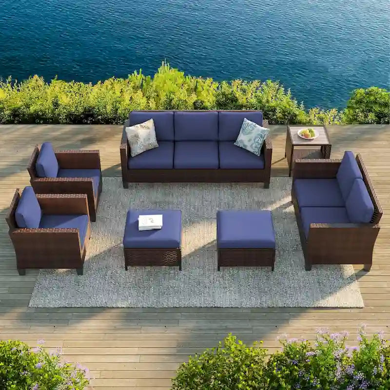Bonosuki Ensemble de 7 meubles en rotin PE avec table d'appoint, fauteuil de terrasse avec coussin lavable, poufs pour balcon, porche, jardin