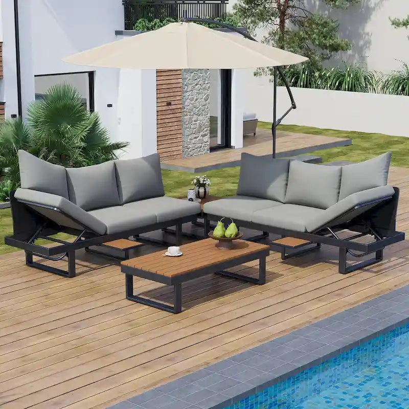 Outdoor Sectional Sofa Set with Adjustable Reclining Seats, L-Shape Patio Furniture, Grey Iron Frame, 100.8 x 100.8 inches