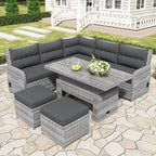 Canapé d'angle d'extérieur en rotin avec table réglable et fauteuils inclinables