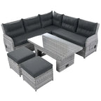 Canapé d'angle d'extérieur en rotin avec table réglable et fauteuils inclinables