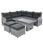 Canapé d'angle d'extérieur en rotin avec table réglable et fauteuils inclinables
