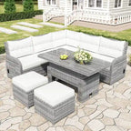 Canapé d'angle d'extérieur en rotin avec table réglable et fauteuils inclinables
