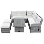 Canapé d'angle d'extérieur en rotin avec table réglable et fauteuils inclinables