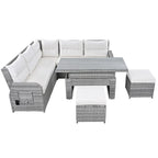 Canapé d'angle d'extérieur en rotin avec table réglable et fauteuils inclinables