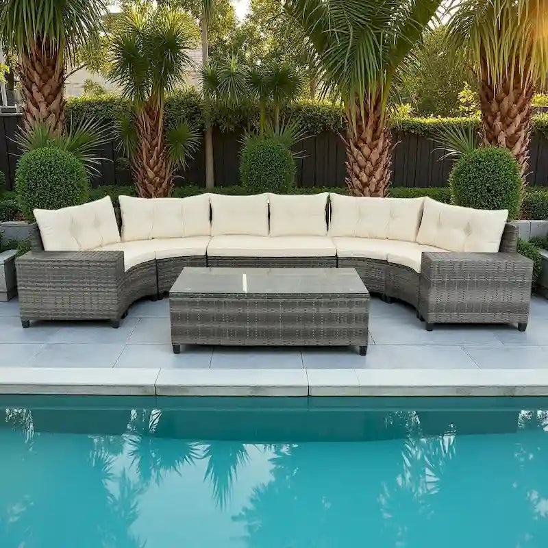 8-Piece Outdoor Patio Wicker Half-Moon Sectional Sofa Set with Rectangular Coffee Table