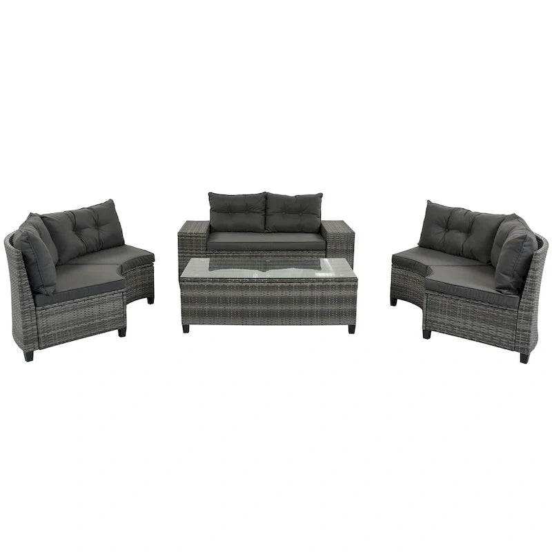 8-Piece Outdoor Patio Wicker Half-Moon Sectional Sofa Set with Rectangular Coffee Table