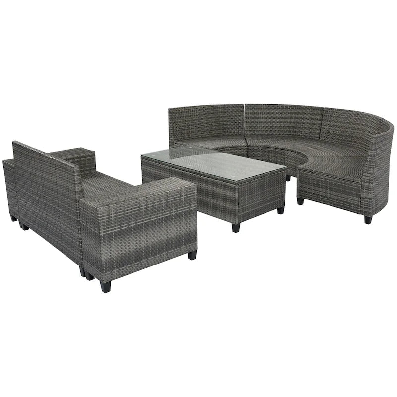 8-Piece Outdoor Patio Wicker Half-Moon Sectional Sofa Set with Rectangular Coffee Table