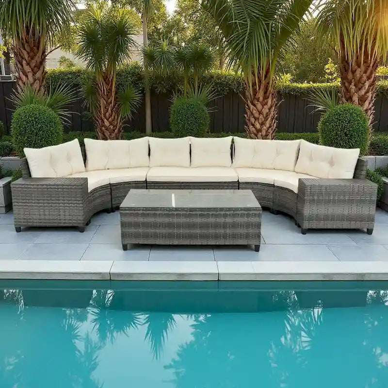 8-Piece Outdoor Patio Wicker Half-Moon Sectional Sofa Set with Rectangular Coffee Table