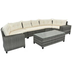 8-Piece Outdoor Patio Wicker Half-Moon Sectional Sofa Set with Rectangular Coffee Table