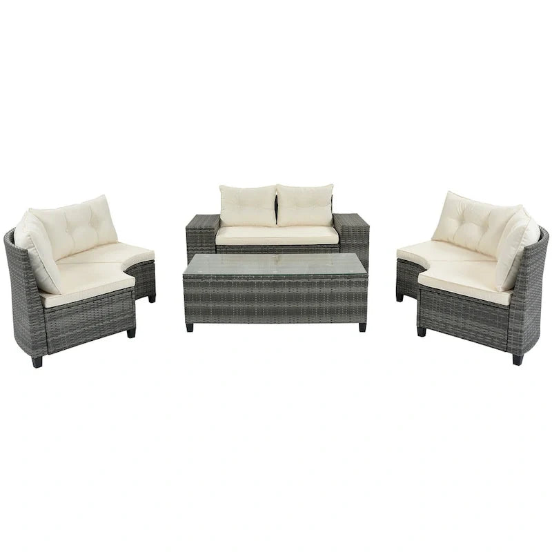 8-Piece Outdoor Patio Wicker Half-Moon Sectional Sofa Set with Rectangular Coffee Table