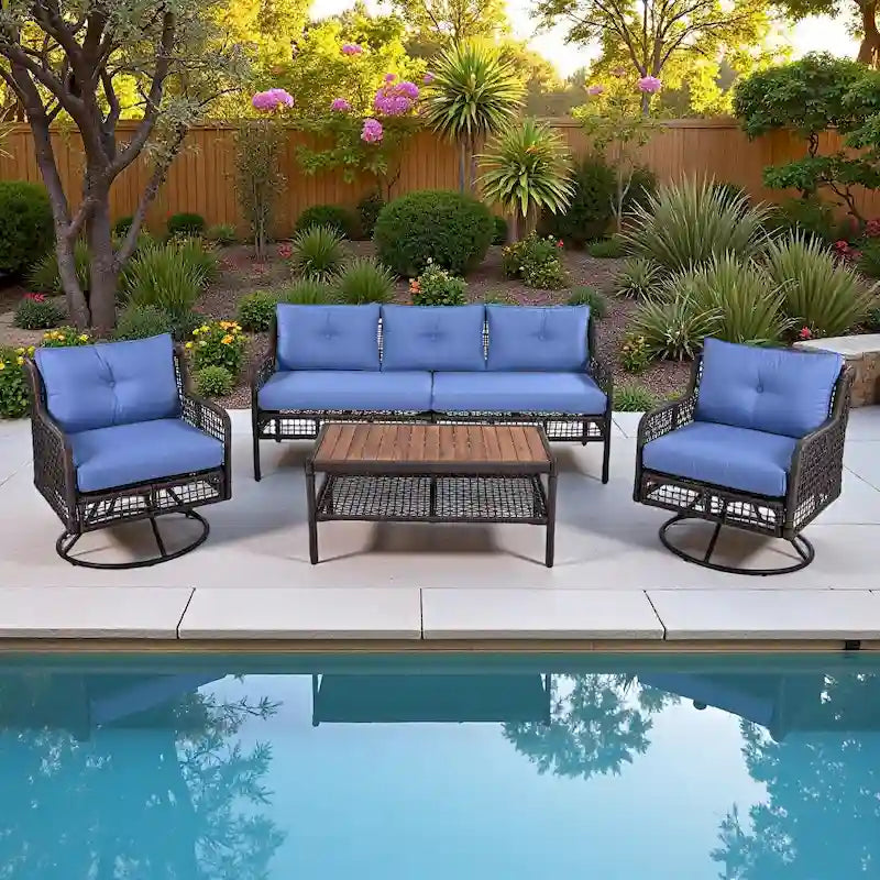 4-Pieces Outdoor Rattan Conversation Sofa Set with Swivel Chairs and Coffee Table