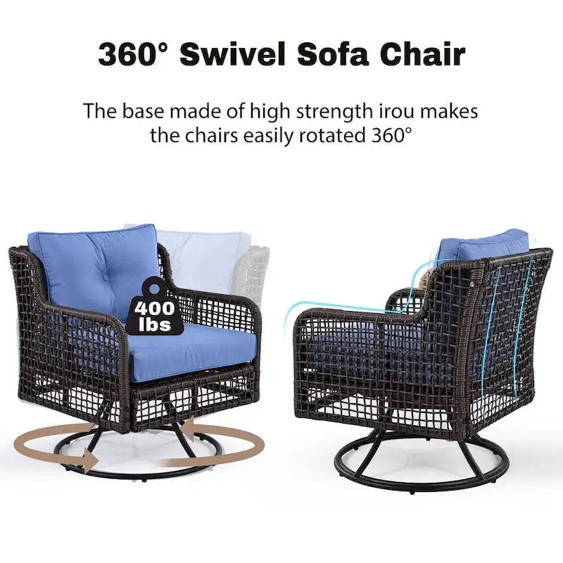 Ensemble de conversation en rotin d'extérieur 4 pièces avec fauteuils pivotants et table basse