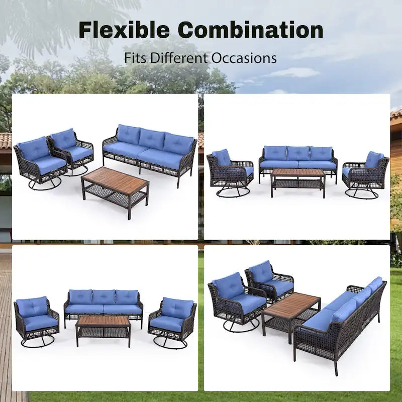 Ensemble de conversation en rotin d'extérieur 4 pièces avec fauteuils pivotants et table basse