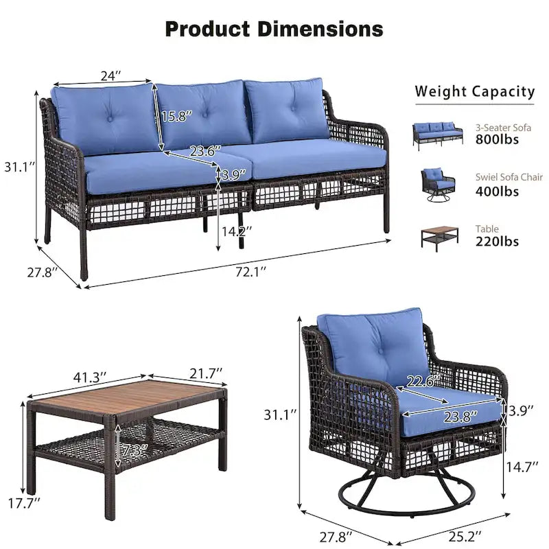 Ensemble de conversation en rotin d'extérieur 4 pièces avec fauteuils pivotants et table basse