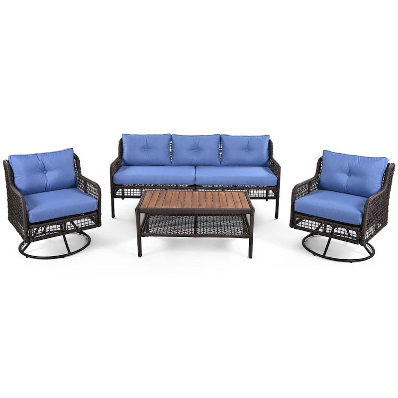 Ensemble de conversation en rotin d'extérieur 4 pièces avec fauteuils pivotants et table basse