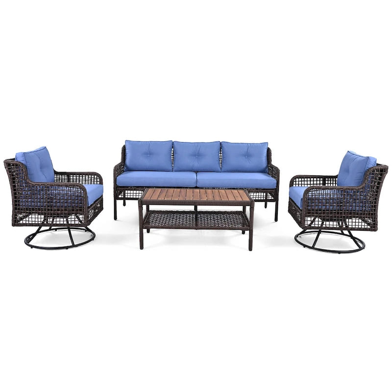 Ensemble de conversation en rotin d'extérieur 4 pièces avec fauteuils pivotants et table basse