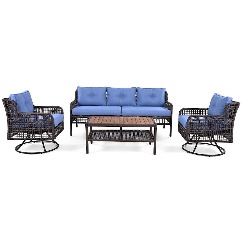 4-Pieces Outdoor Rattan Conversation Sofa Set with Swivel Chairs and Coffee Table