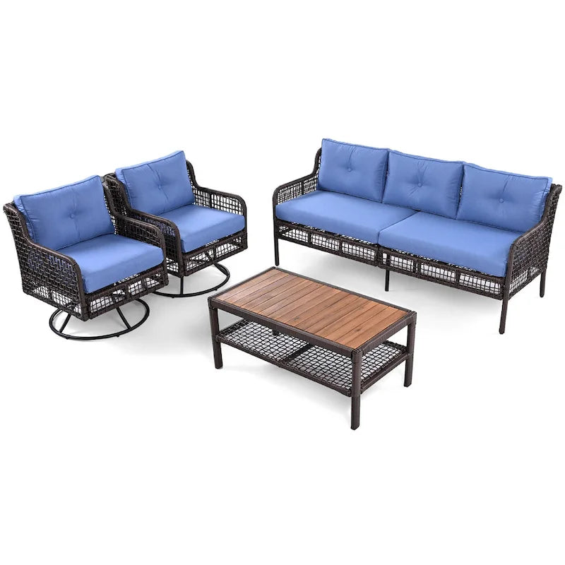 Ensemble de conversation en rotin d'extérieur 4 pièces avec fauteuils pivotants et table basse