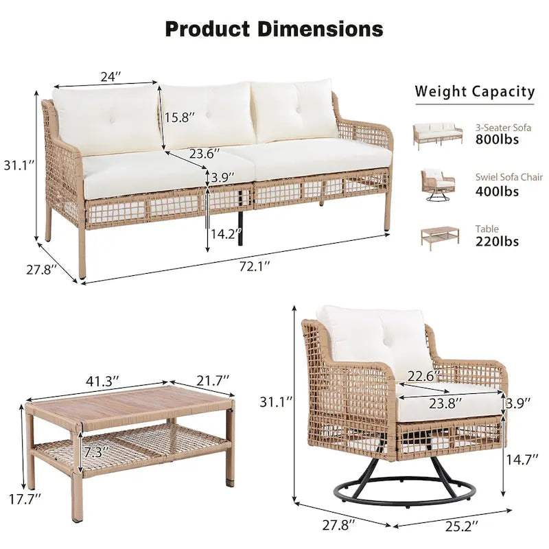 Ensemble de conversation en rotin d'extérieur 4 pièces avec fauteuils pivotants et table basse