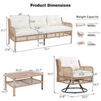 Ensemble de conversation en rotin d'extérieur 4 pièces avec fauteuils pivotants et table basse