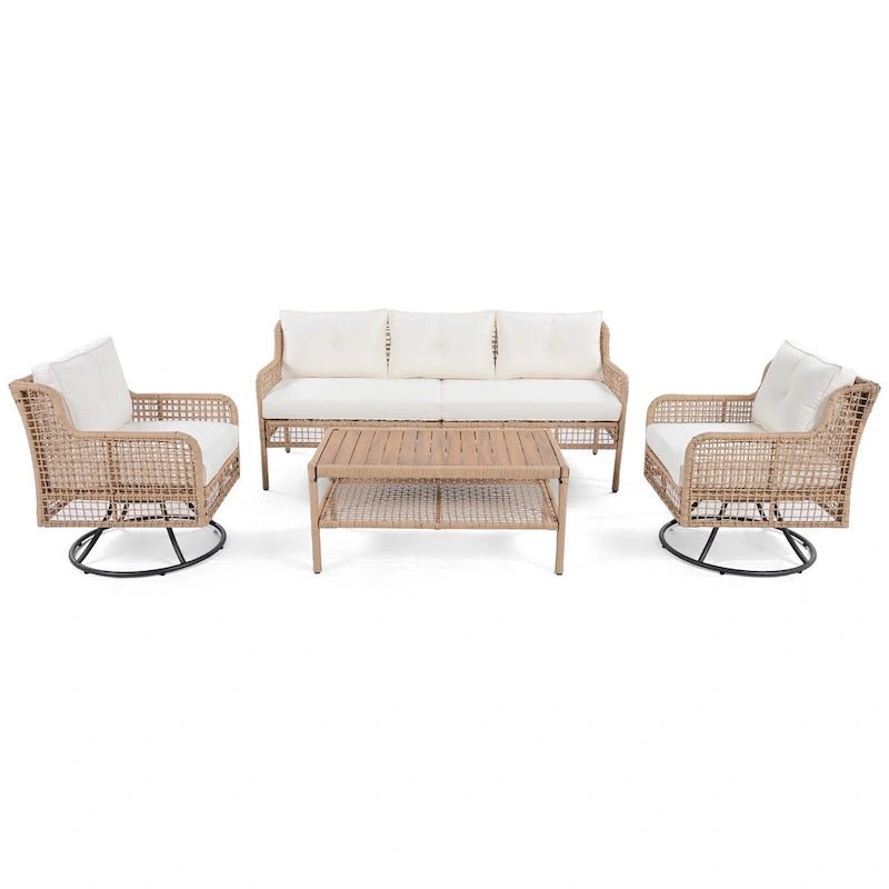 Ensemble de conversation en rotin d'extérieur 4 pièces avec fauteuils pivotants et table basse