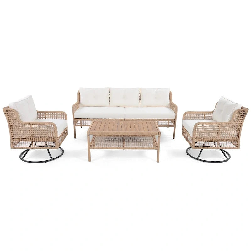 4-Pieces Outdoor Rattan Conversation Sofa Set with Swivel Chairs and Coffee Table
