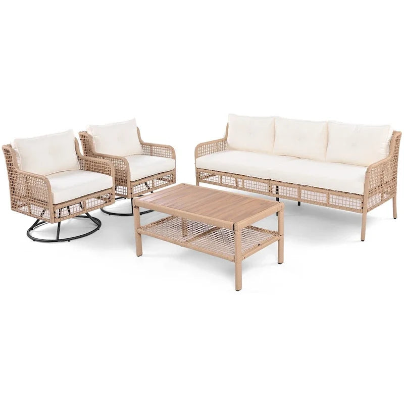 4-Pieces Outdoor Rattan Conversation Sofa Set with Swivel Chairs and Coffee Table