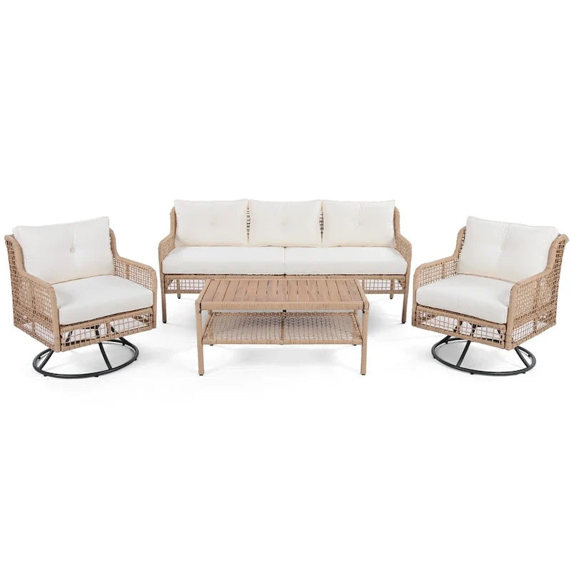 4-Pieces Outdoor Rattan Conversation Sofa Set with Swivel Chairs and Coffee Table