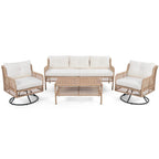4-Pieces Outdoor Rattan Conversation Sofa Set with Swivel Chairs and Coffee Table