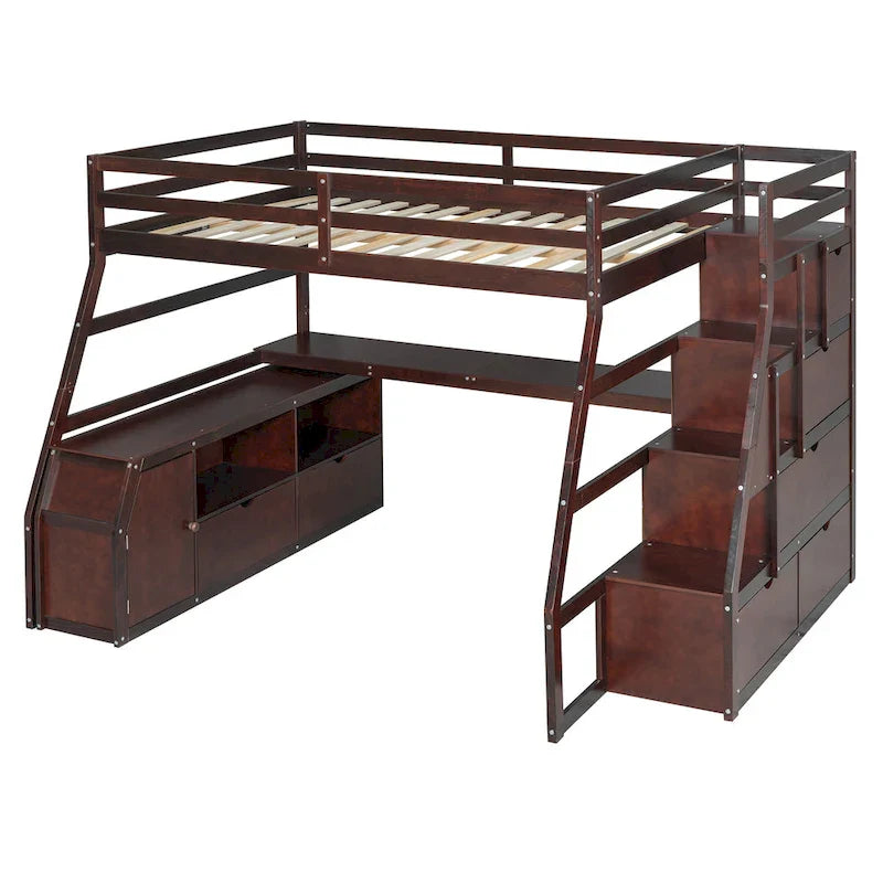 Lit mezzanine en pin avec bureau et rangements