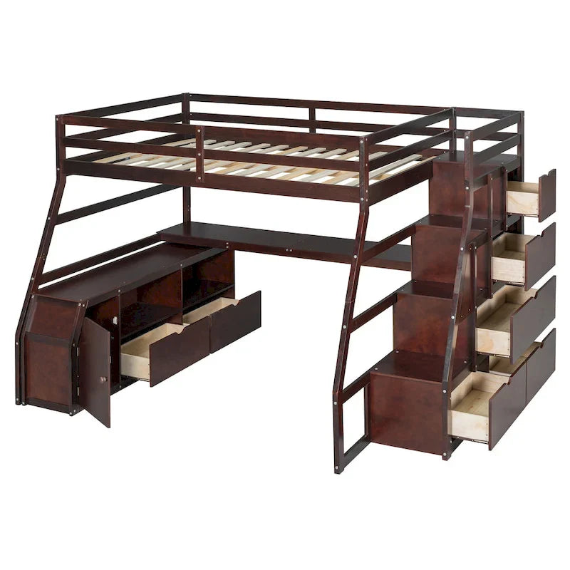 Lit mezzanine en pin avec bureau et rangements