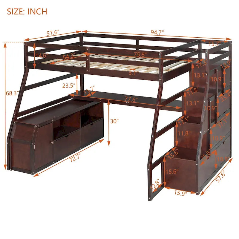 Lit mezzanine en pin avec bureau et rangements
