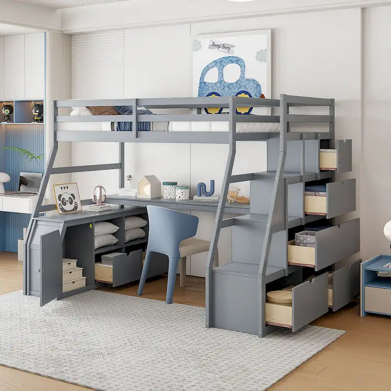 Lit mezzanine en pin avec bureau et rangements